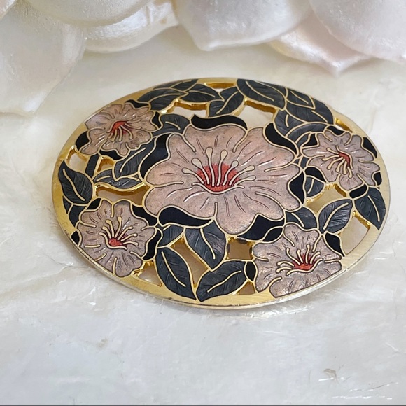 Vintage Jewelry - Vtg Fish Cloisonné Pink Green Enamel Floral Brooch